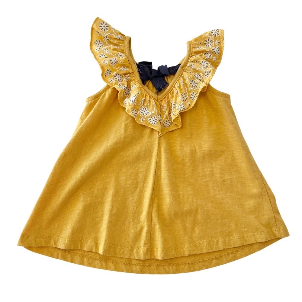 Savannah Kids Mustard Yellow Floral Ruffle Tank Top with Bow in Back | Girls 24M - Picture 4 of 7